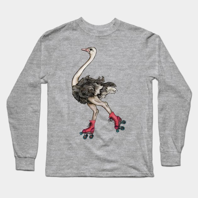 Ostrich on Roller Skates Long Sleeve T-Shirt by artfulfreddy